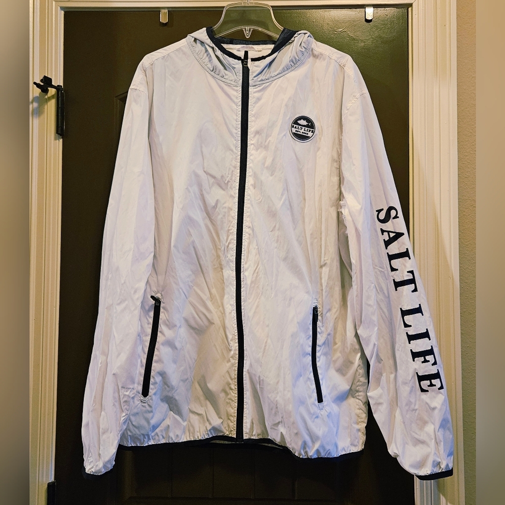 Salt Life Hooded Windbreaker Water Resistant, White/Navy - 2XL, EUC